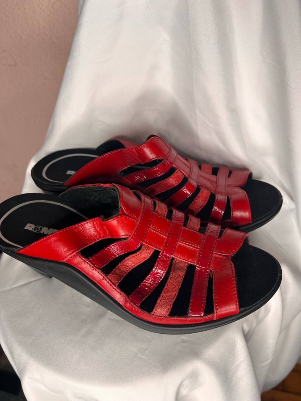 Romika Red Leather Strappy Slide Mules